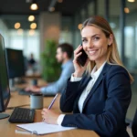 Professionnelle en blazer marine passant un appel de prospection téléphonique dans un bureau moderne en open space