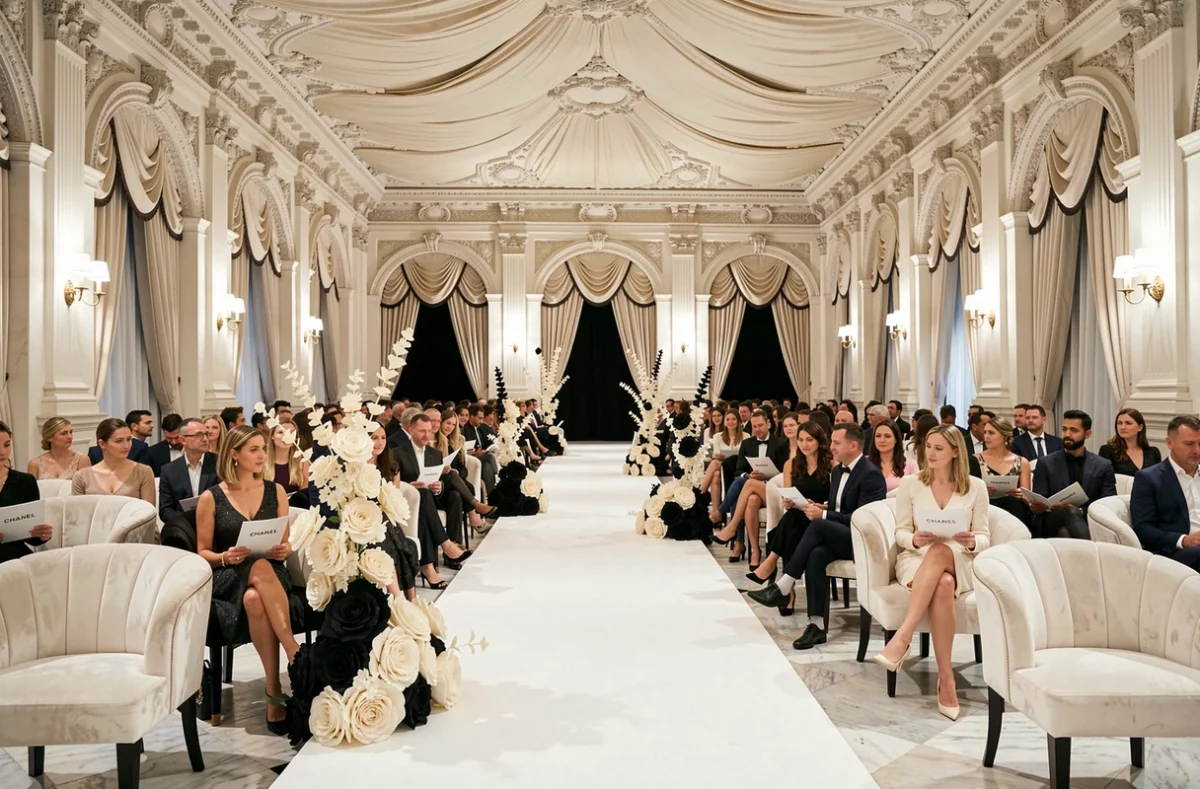 Salle de défilé Chanel avec podium et chaises blanches dans un lieu historique parisien