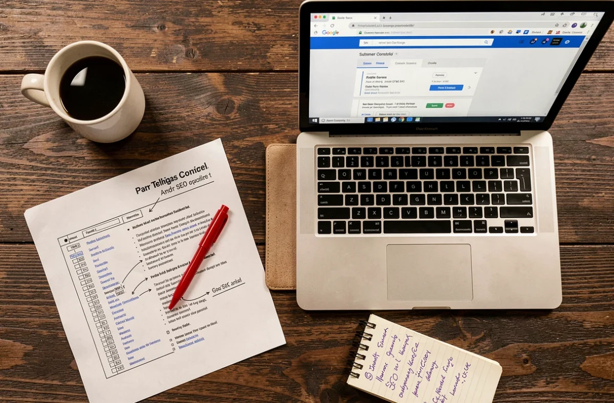 Vue aérienne d'un bureau avec un ordinateur ouvert sur Google Search Console pour la soumission d'un sitemap et des notes SEO manuscrites