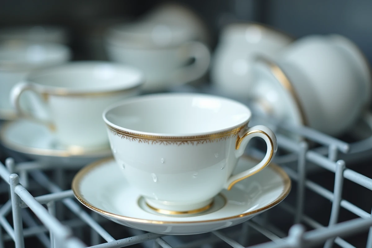 Tasses et soucoupes en porcelaine avec liseré doré disposées dans le panier d'un lave-vaisselle