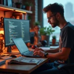 Jeune homme passionné de culture geek naviguant sur les dernières actualités tech et gaming depuis son bureau aménagé