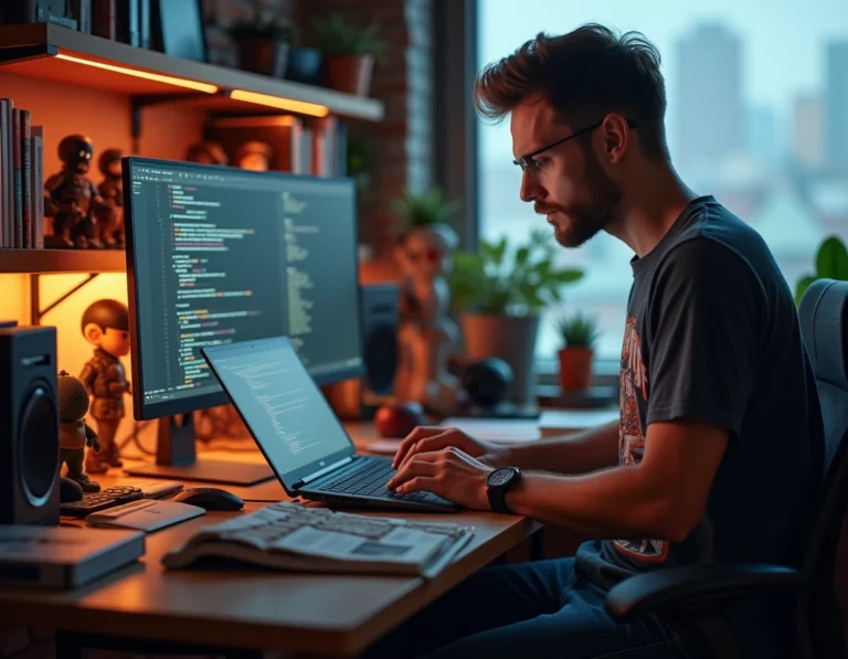 Jeune homme passionné de culture geek naviguant sur les dernières actualités tech et gaming depuis son bureau aménagé