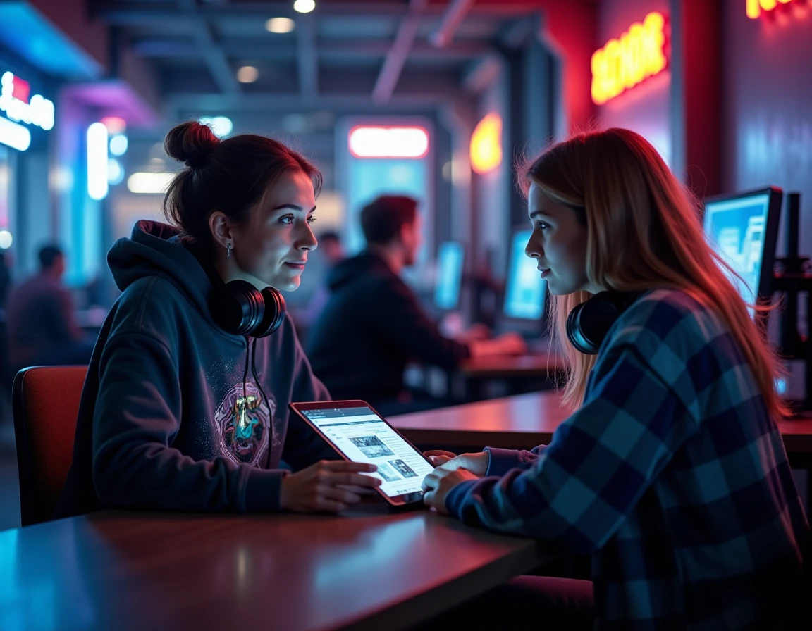 Deux passionnées de geek culture discutant des dernières tendances technologiques dans un café e-sport moderne